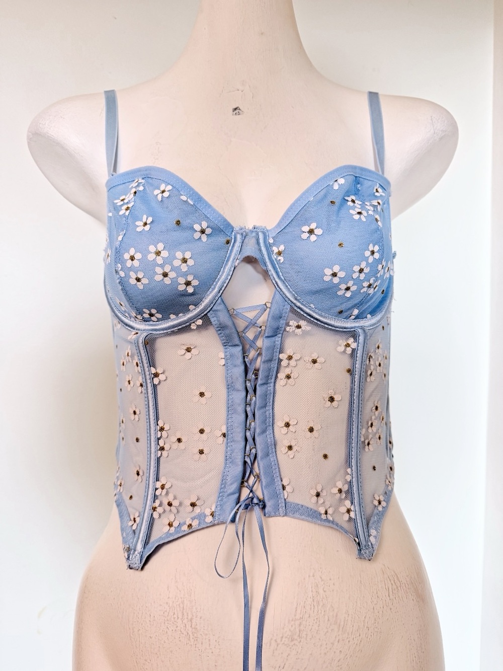 BodyRage Blue Floral Mesh Corset Bustier Top Lace-Up Large Like New